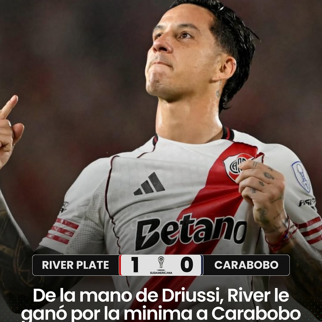 Photo by Sportmax on April 15, 2026. May be an image of football, soccer, stadium and text that says 'SportMax @ RIVER PLATE Betano Beta 1 o CARABOBO De la mano de Driussi, River le ganó por la minima α Carabobo'.